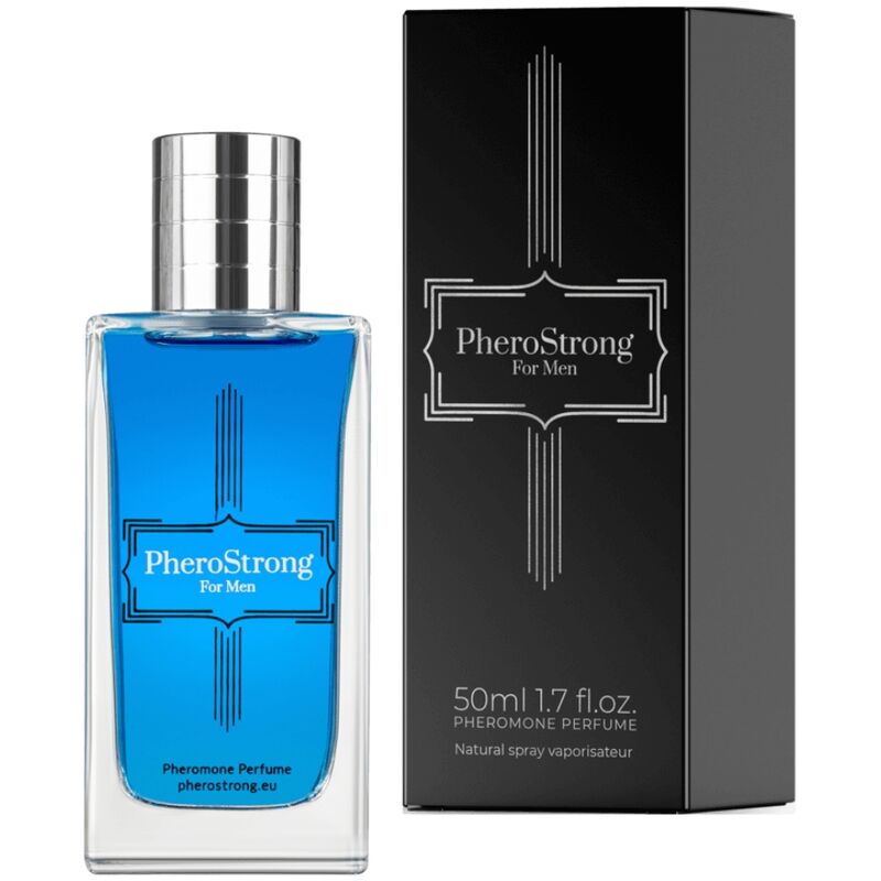Profumo Pherostrong ai feromoni per uomo, flacone da 50 ml, con bottiglia elegante e logo visibile.