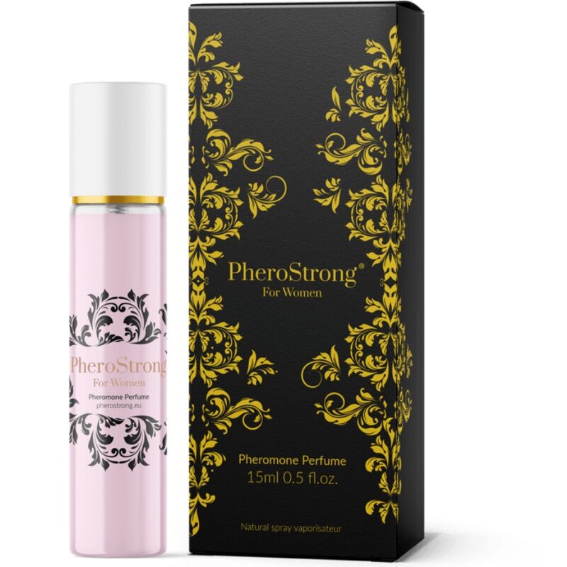 Profumo ai feromoni da donna Pherostrong in flacone da 15 ml, bottiglia con etichetta e spray, vista frontale
