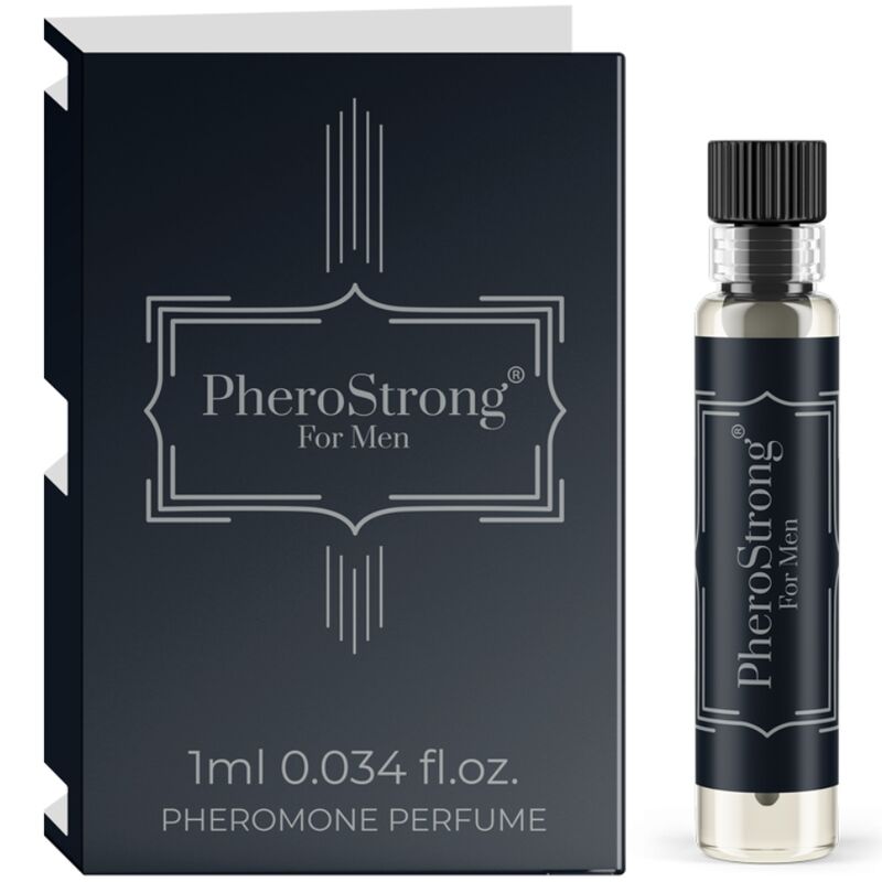Profumo ai feromoni Pherostrong per uomo, flacone da 1 ml con etichetta, in un'ambientazione neutra.