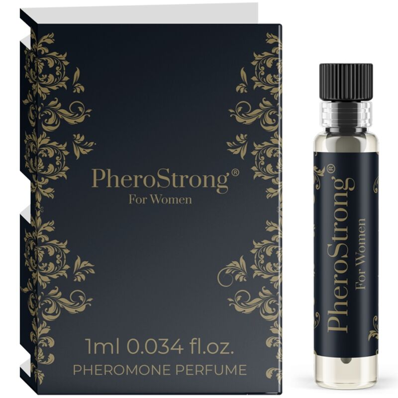Profumo ai feromoni da donna Pherostrong da 1 ml, bottiglia con etichetta e spray, ideale per attrarre e sedurre.