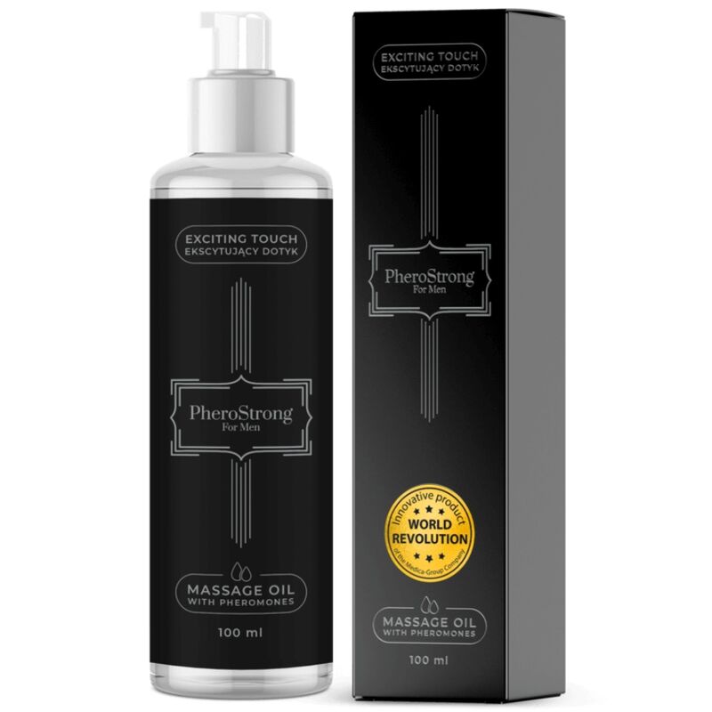 Olio da massaggio PHEROSTRONG per uomo, 100 ml, bottiglia trasparente con etichetta blu e bianca, adatto per massaggi sensoriali