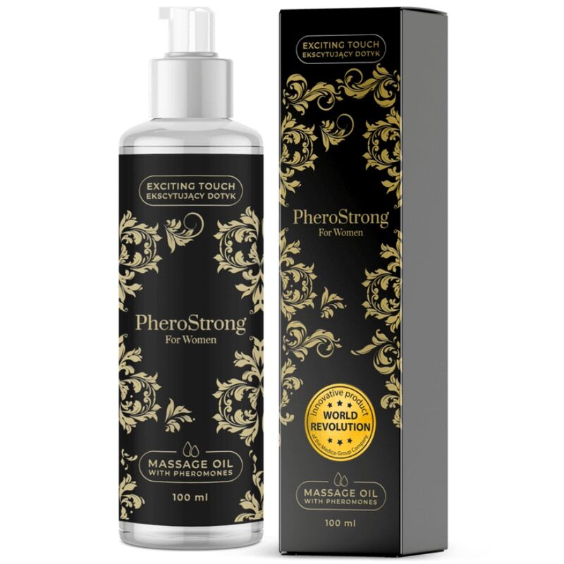 Olio da massaggio PHEROSTRONG per donna, flacone da 100 ml con etichetta bianca e dettagli rosa.