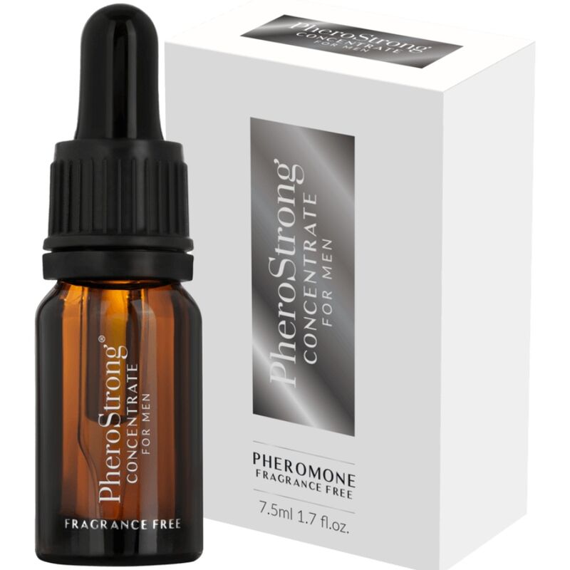 Profumo concentrato per lui Pherostrong in flacone da 7,5 ml, con bottiglia elegante e dettagli del packaging.