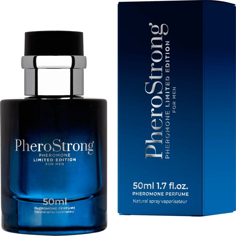 Profumo limitato Pherostrong per uomo, 50 ml, bottiglia elegante con spray, mostra il flacone con etichetta nera e dettagli dorati.