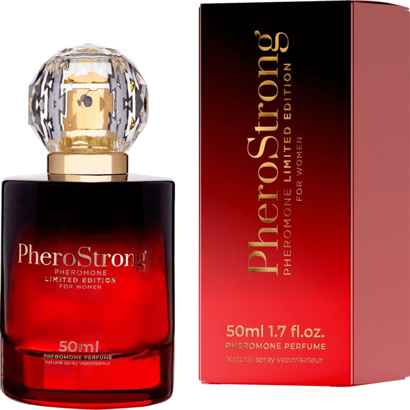 Profumo Pherostrong ai feromoni per donna, edizione limitata, flacone da 50 ml con confezione elegante e design raffinato.