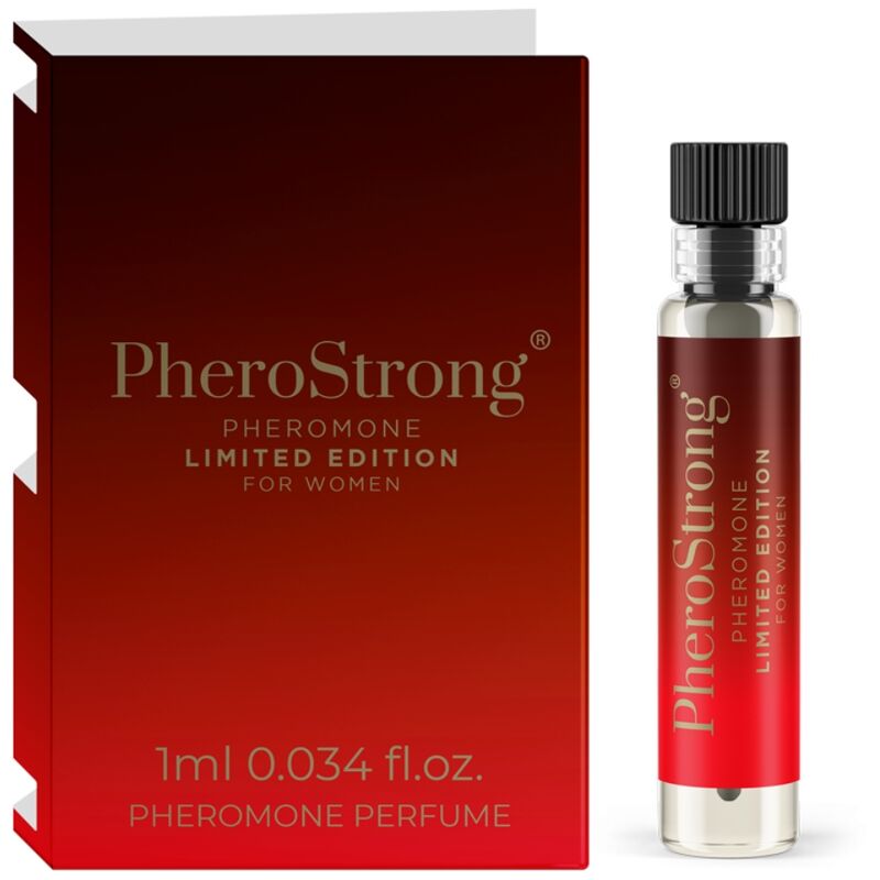 Profumo femminile Pherostrong edizione limitata ai feromoni, bottiglia da 1 ml, confezione elegante e compatta.