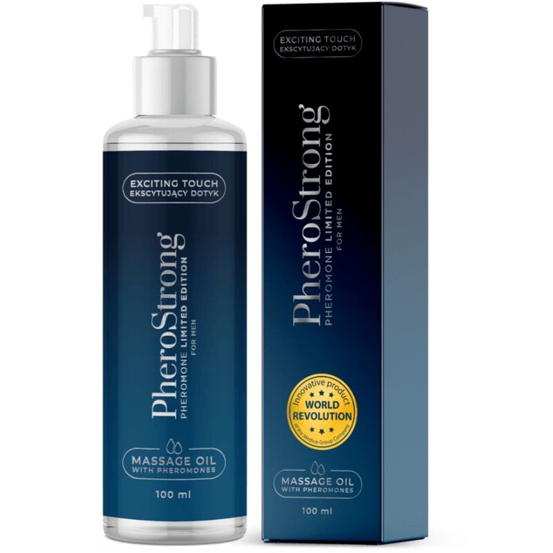 Olio da massaggio PHEROSTRONG Edizione Limitata per uomini, bottiglia da 100 ml con etichetta elegante e dettagli laterali