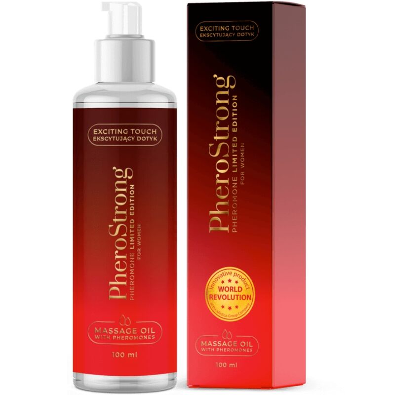 Olio da massaggio PHEROSTRONG Edizione Limitata per donne, bottiglia da 100 ml con etichetta elegante e dettagli di design.