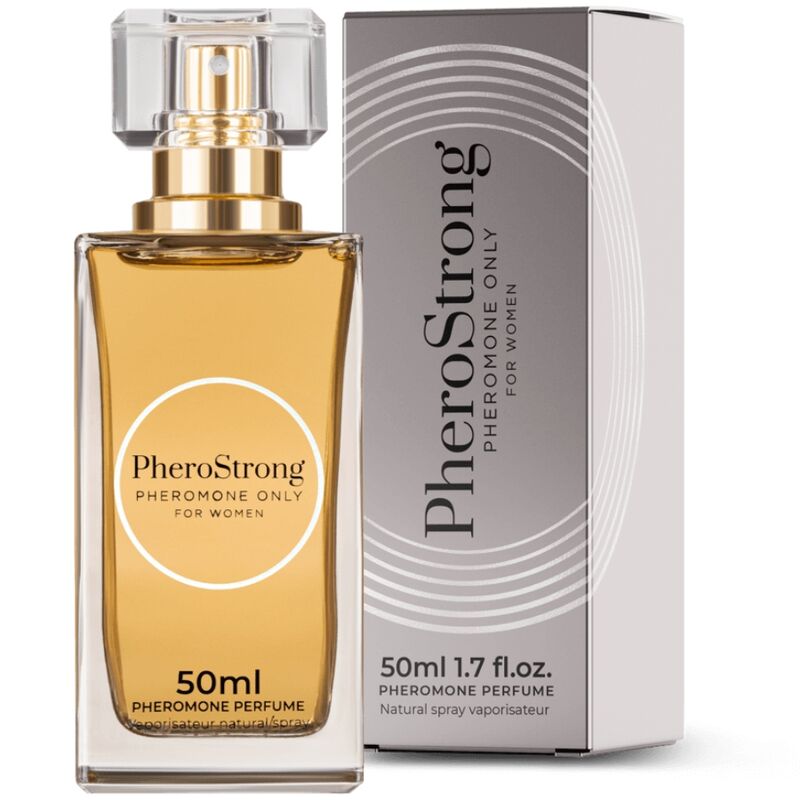 Profumo ai feromoni Pherostrong per donna, bottiglia da 50 ml, con flacone elegante e design moderno.