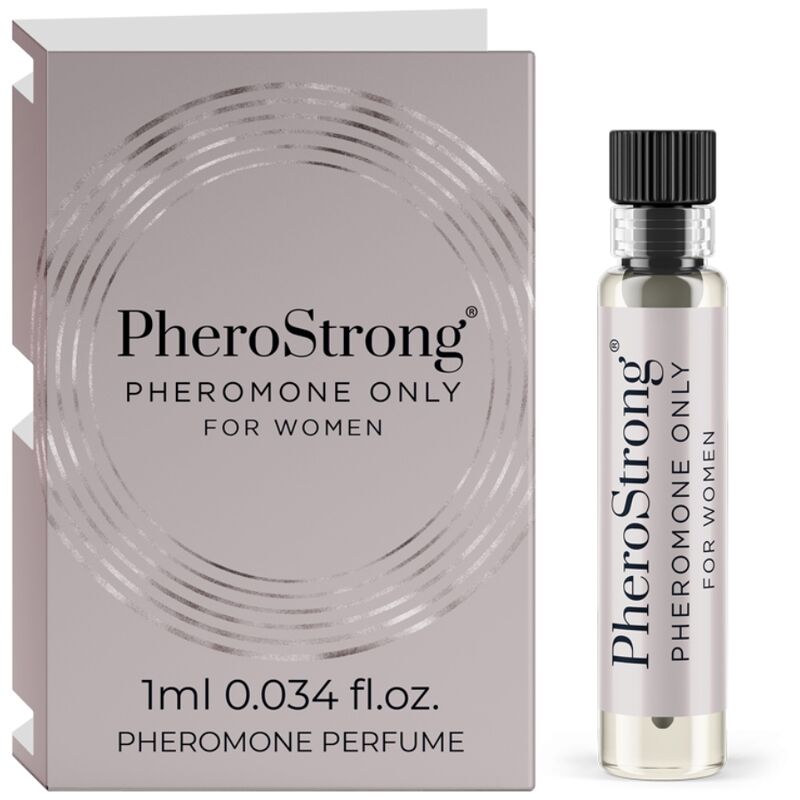 Profumo ai feromoni Pherostrong per donna, flacone da 1 ml con etichetta e applicatore visibili nell'immagine