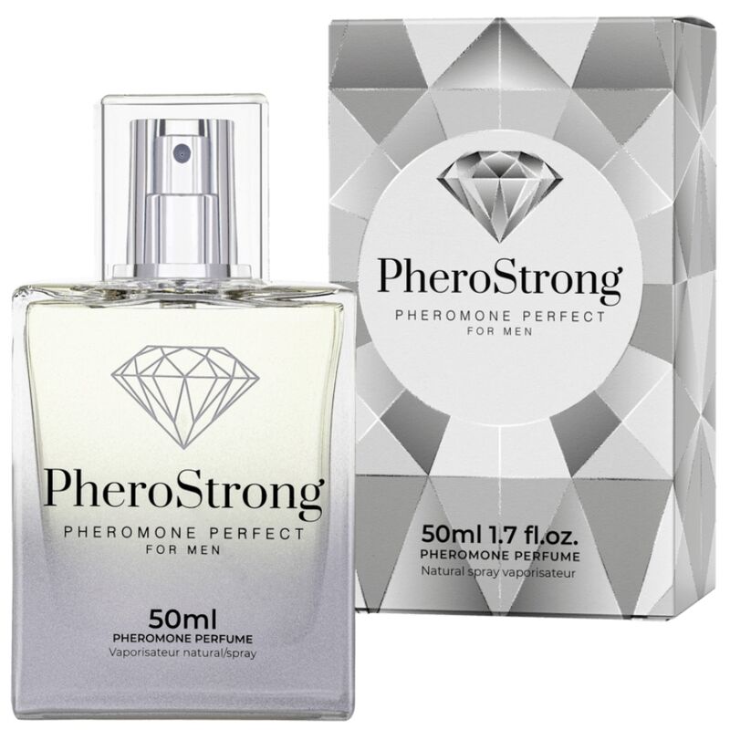 Profumo Pherostrong ai feromoni per uomini in bottiglia da 50 ml, confezione con flacone e spray.