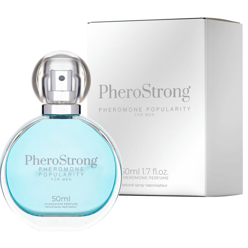 Profumo ai feromoni Pherostrong per uomini in bottiglia da 50 ml, confezione con flacone e etichetta visibile