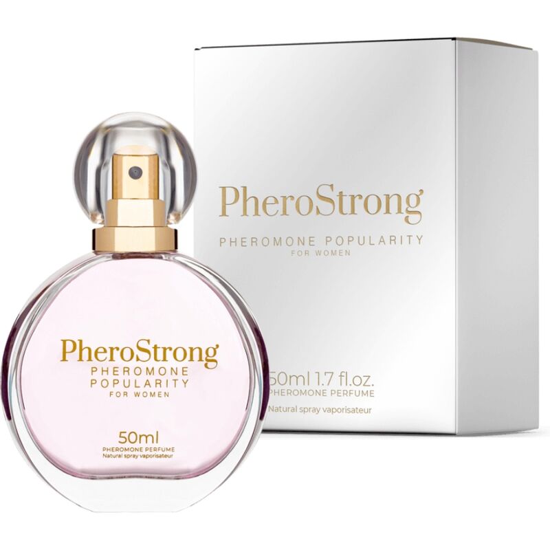 Profumo ai feromoni Pherostrong per donna in flacone da 50 ml, bottiglia con spray e etichetta decorativa.