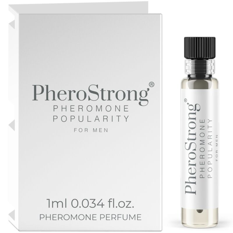 Profumo ai feromoni Pherostrong per uomini, flacone da 1 ml con etichetta e spray visibile, confezione compatta e moderna.