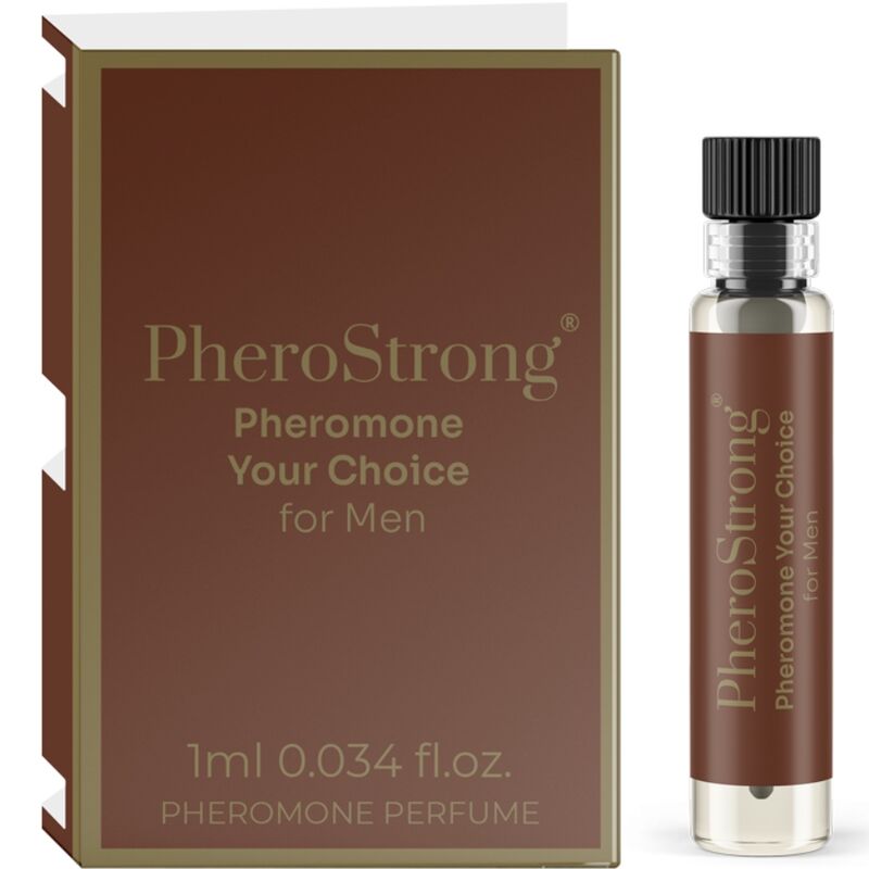 Profumo ai feromoni Pherostrong per uomo, flacone da 1 ml, con scatola e dettagli del prodotto visibili nell'immagine.