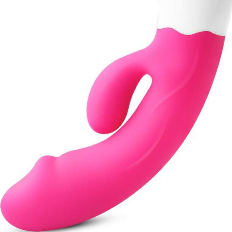Vibratore happy e stimolatore fucsia ricaricabile ARMONY VIBRATORS, design compatto e dettagli ricercati, in evidenza.