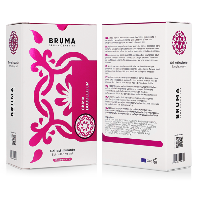 Balsamo intensificante BRUMA gusto Bubblegum in flacone da 15 ml, con etichetta colorata e dettagli del prodotto sul packaging