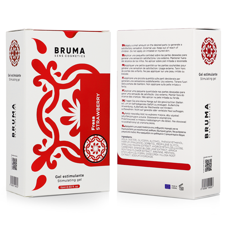 Balsamo intensificante BRUMA gusto fragola in flacone da 15 ml, con etichetta e dettagli del prodotto.