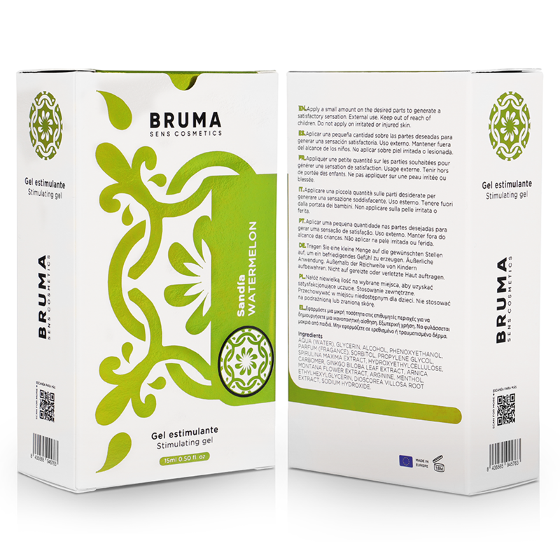 Balsamo intensificante BRUMA gusto anguria in flacone da 15 ml, con etichetta colorata e design moderno.