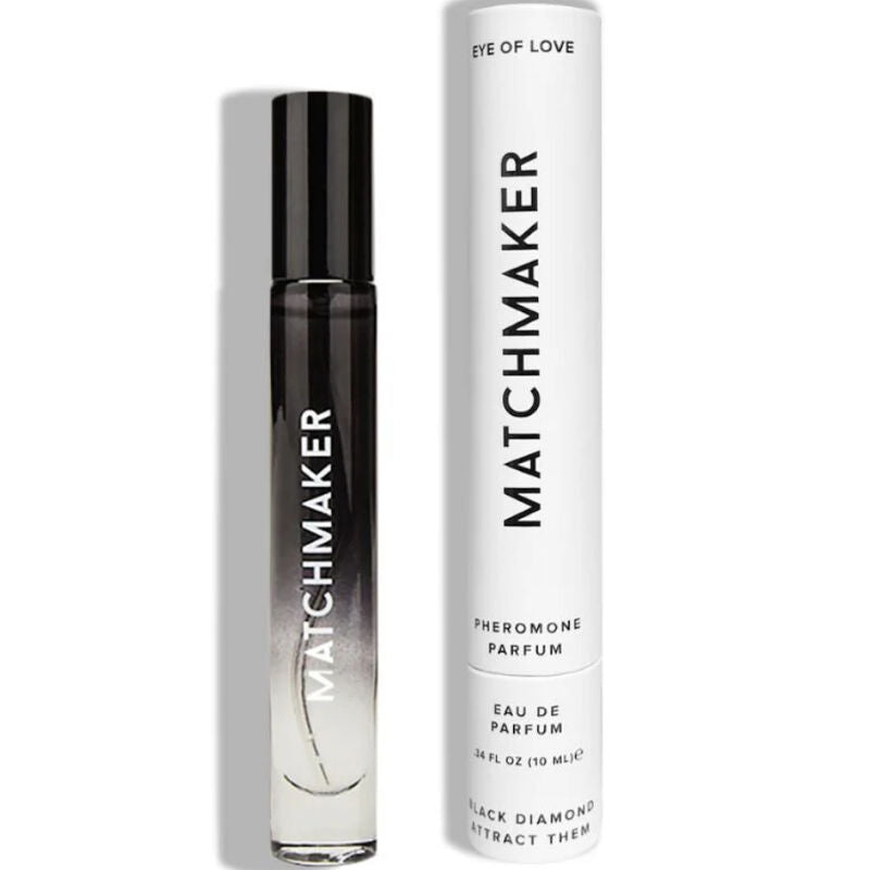 Profumo EYE OF LOVE Matchmaker Black Diamond con feromoni, flacone da 10 ml, con etichetta nera e dettagli eleganti