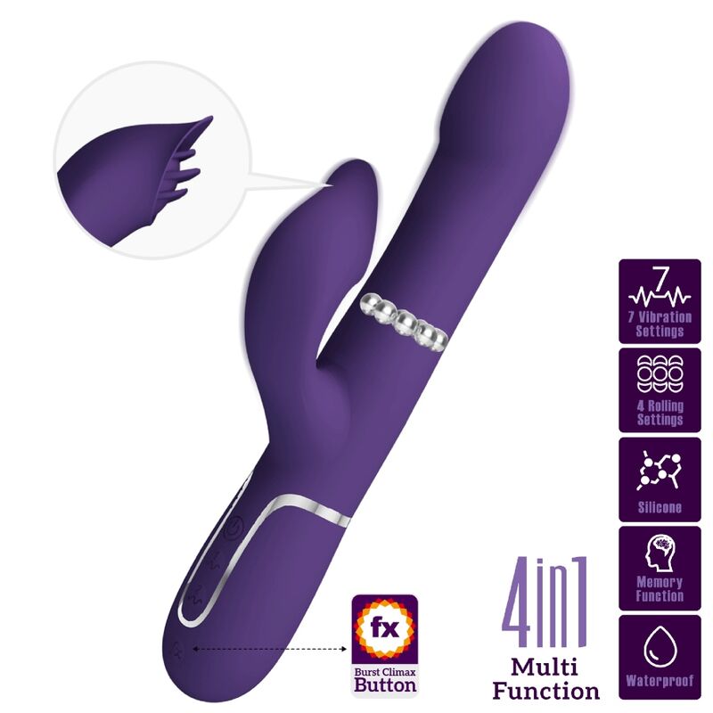 Vibratore coniglio viola PRETTY LOVE ZALIN PERLE 4 in 1, con design elegante e dettagli per stimolazione.