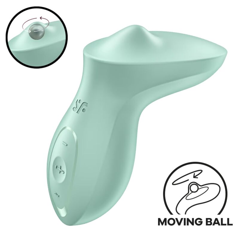Vibratore Satisfyer da appoggio per clitoride, effetto rinfrescante menta, con design ergonomico e dettagli in silicone.