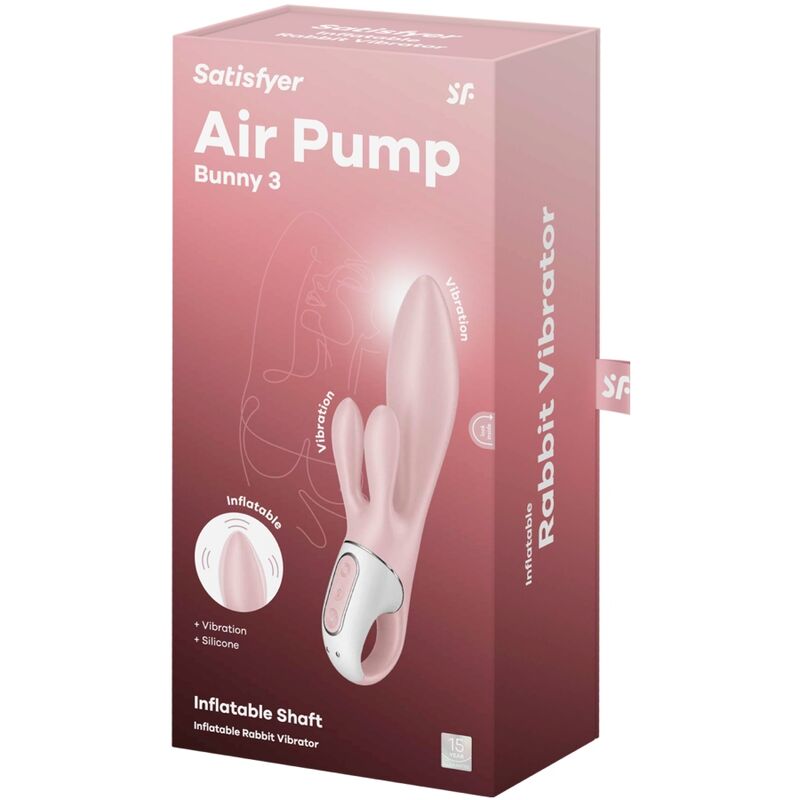 Stimolatore gonfiabile coniglio rosa SATISFYER AIR PUMP BUNNY 3, con dettagli del design e materiali morbidi.