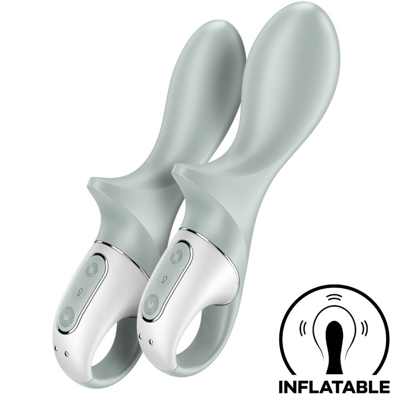 Pompa per il sedere SATISFYER AIR PUMP BOOTY 3, vibratore anale gonfiabile grigio-verde, con dettagli e pulsanti visibili