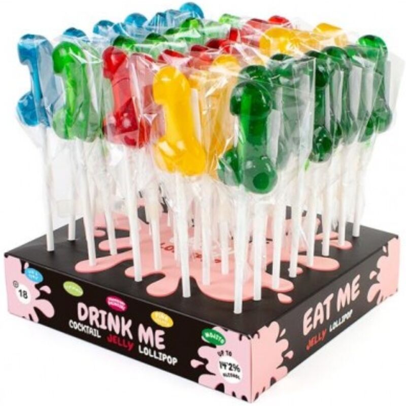Assortimento espositivo di 40 lecca-lecca al pene con alcool, prodotto dalla SECRETPLAY COSMETIC, in confezione multipla.