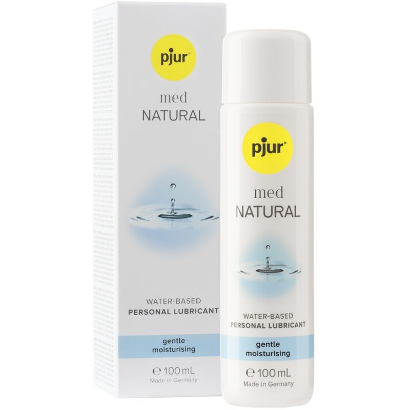 Lubrificante naturale a base acqua PJUR MED in flacone da 100 ml, visibile in una confezione bianca con etichetta.