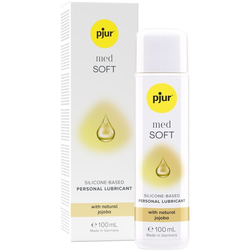 Lubrificante al silicone PJUR Med Soft Glide in bottiglia da 100 ml, flacone trasparente con etichetta bianca e dettagli blu