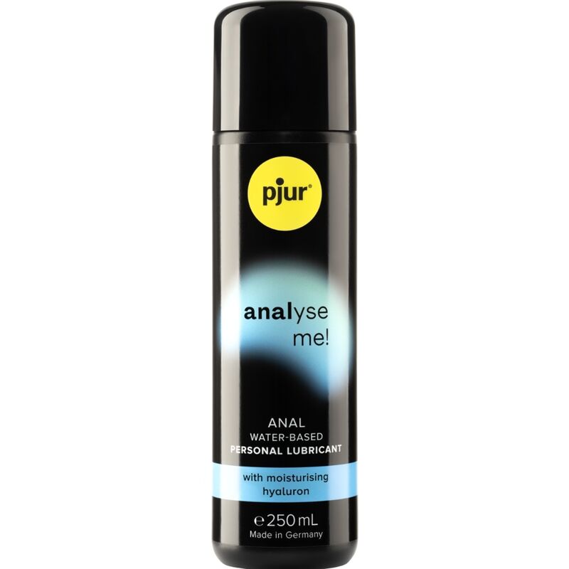 Lubrificante analico PJUR Analyze Me Analyze Acqua, 250 ml, in bottiglia con etichetta blu e tubo di lubrificante trasparente