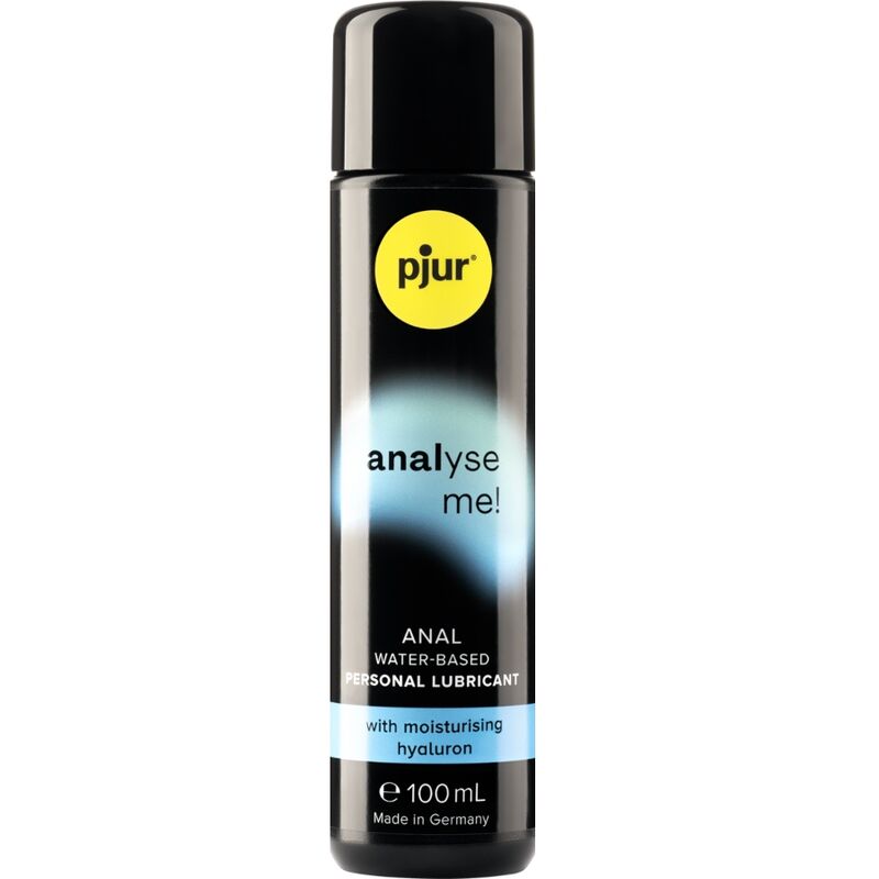 Lubrificante analico PJUR Analyze Me Analyze Acqua da 100 ml, bottiglia con etichetta blu e trasparente, visibile in primo piano.