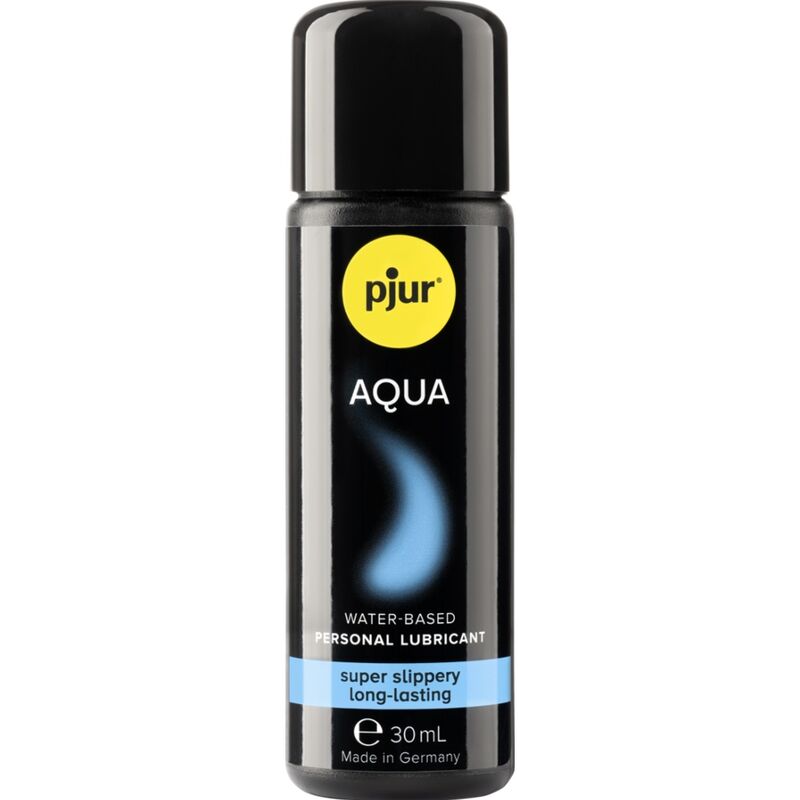 Lubrificante a base d'acqua PJUR AQUA in confezione da 30 ml, bottiglia con etichetta blu, visibile in primo piano.