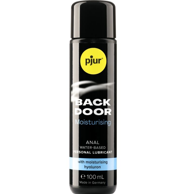 Lubrificante anale idratante PJUR Back Door, bottiglia da 100 ml, con etichetta visibile, in plastica trasparente con tappo colorato