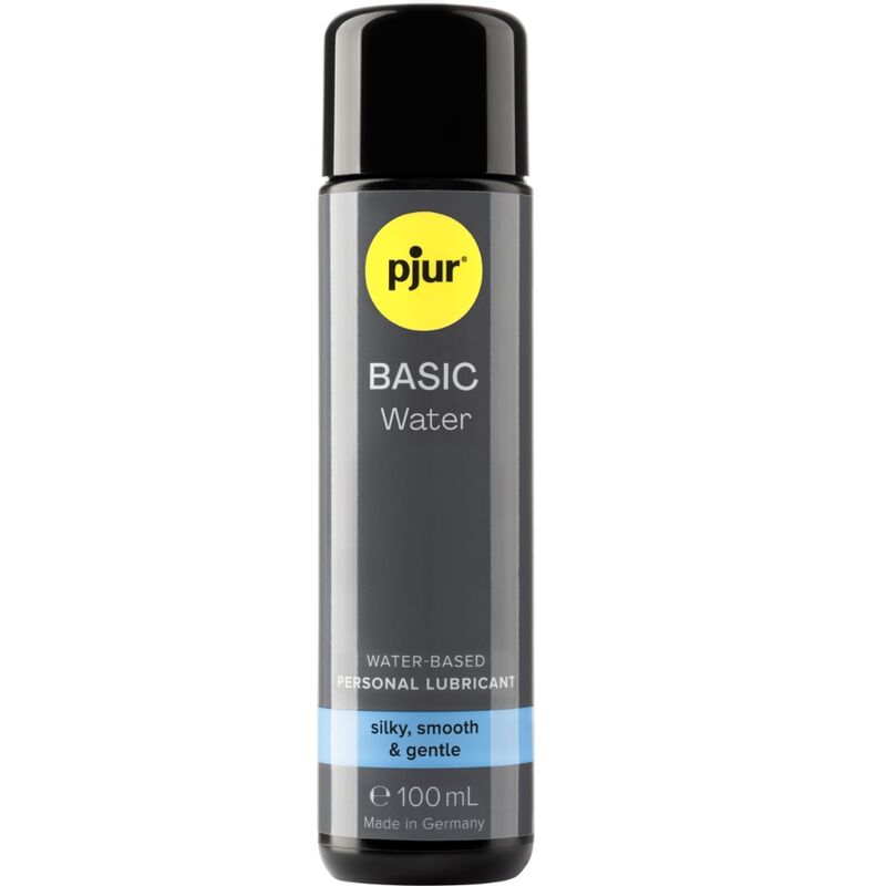 Flacone di lubrificante a base acquosa PJUR BASIC A da 100 ml, bottiglia trasparente con etichetta blu e bianca.