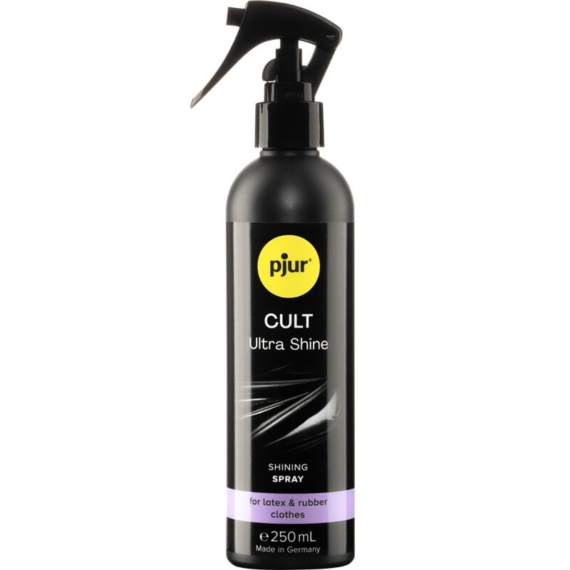 Gel ultra lucido PJUR CULT per lattice, bottiglia da 250 ml, con etichetta trasparente e dettagli di prodotto visibili.