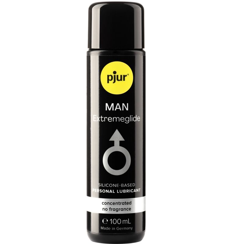 Lubrificante man PJUR Premium da 100 ml, bottiglia con etichetta bianca e blu, visibile sullo sfondo bianco.