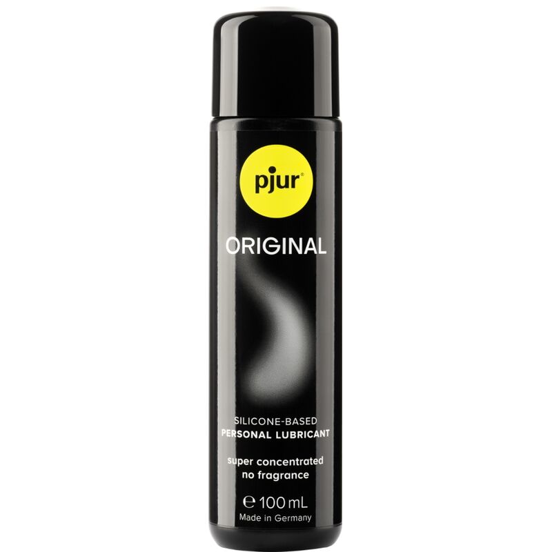 Lubrificante al silicone PJUR originale in bottiglia da 100 ml, mostra il flacone con etichetta blu e tappo bianco.