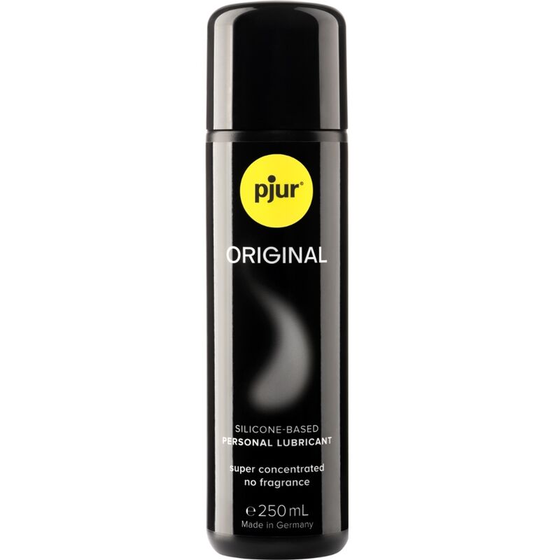 Lubrificante al silicone PJUR originale in bottiglia da 250 ml, con etichetta visibile e tappo nero, per uso intimo e massaggi.