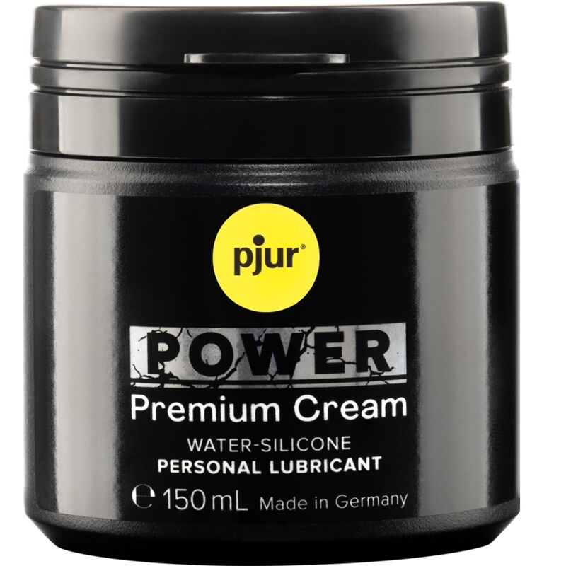 Crema lubrificante personale PJUR Power Premium in bottiglia da 150 ml, flacone con etichetta blu e bianca