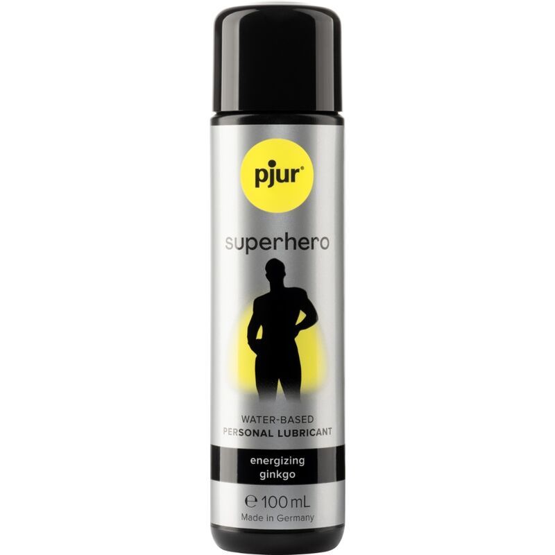 Lubrificante energizzante PJUR Supereroe Ginkgo da 100 ml, bottiglia con etichetta e tappo, vista frontale.