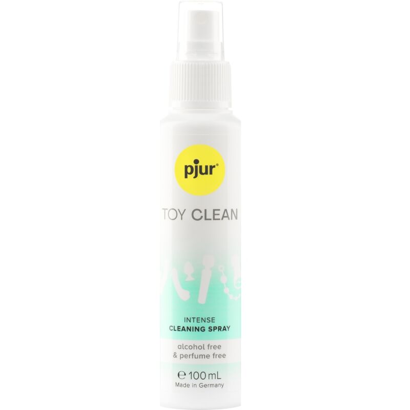Spray detergente PJUR per giocattoli, 100 ml, con bottiglia trasparente e etichetta bianca, ideale per pulizia sicura dei giocattoli