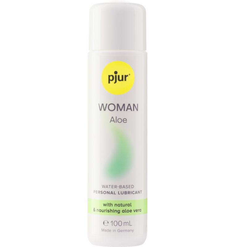 Lubrificante a base acqua Pjur Woman Aloe, 100 ml, con aloe vera, visibile nella bottiglia trasparente con etichetta bianca.