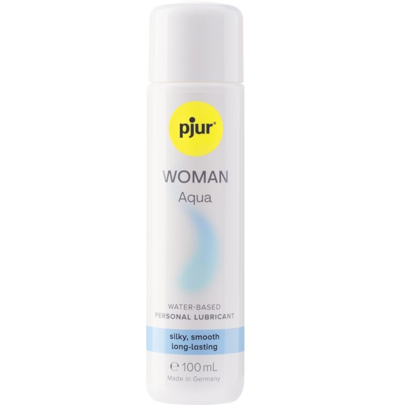Lubrificante a base d'acqua PJUR Woman Aqua in flacone da 100 ml, con etichetta visibile e design semplice