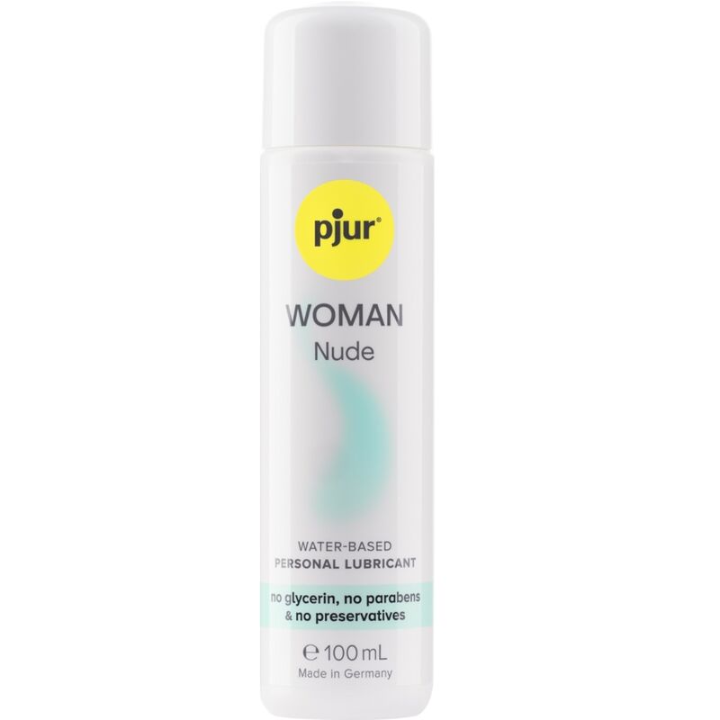 Lubrificante a base d'acqua PJUR Woman Nude in bottiglia da 100 ml, mostra il flacone con etichetta elegante e trasparente