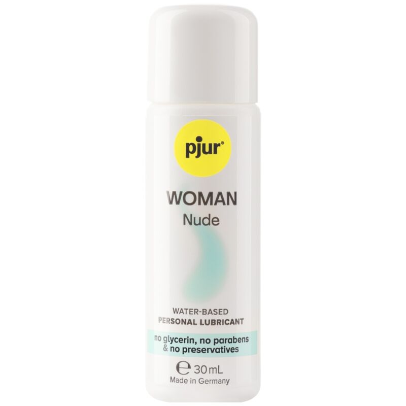 Lubrificante a base d'acqua PJUR Woman Nude, confezione da 30 ml, con bottiglia trasparente e etichetta bianca e blu.