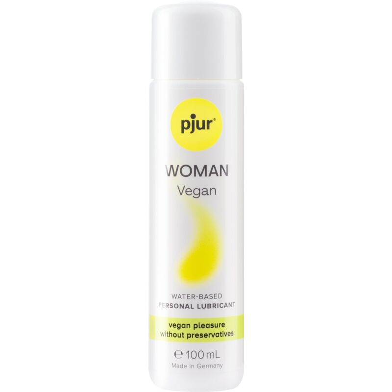 Lubrificante vegano a base acqua Pjur Woman da 100 ml, bottiglia con etichetta semplice e compatta.
