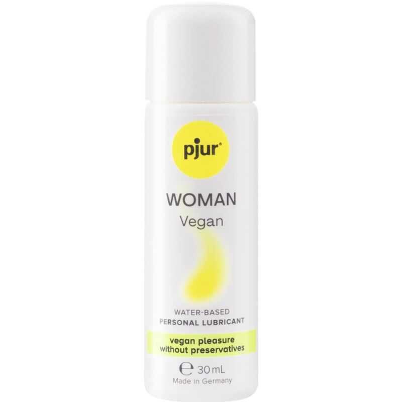 Lubrificante vegano a base acqua Pjur Woman, bottiglia da 30 ml, con etichetta visibile, ideale per uso intimo femminile.