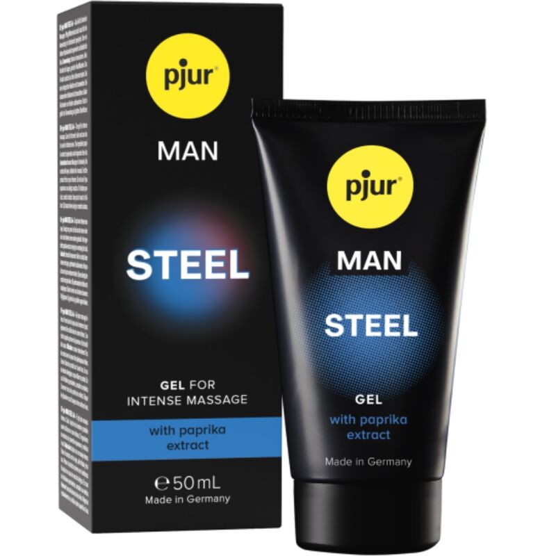 Gel stimolante PJUR Man Steel, 50 ml, in confezione con tubo, visibile sulla confezione bianca con etichetta blu.